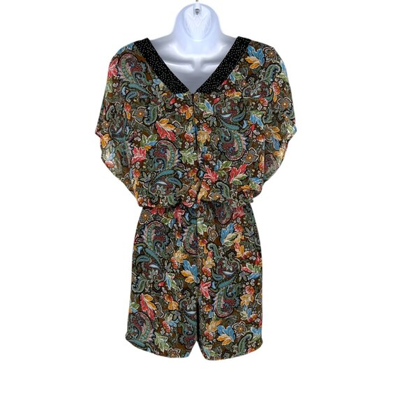 DR2 Paisley Floral Print Romper V-Neck Short Sleeve Black Multi-Color Size Large - Picture 8 of 12